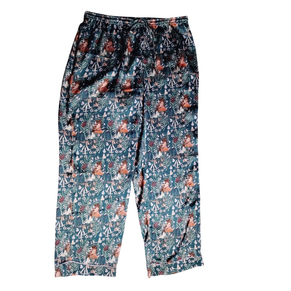 Their Nibs Teal Woodland Owl Floral Satin Pajama Pants Elastic‎ Waist Medium